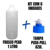 Frasco Plástico PEAD Estriado 1L com Tampa Push-Pull - Kit com 6 Unidades
