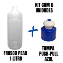 Frasco Plástico PEAD Estriado 1L com Tampa Push-Pull - Kit com 6 Unidades