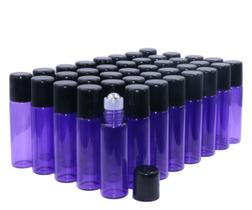 Frascos de rolo de vidro, 5ml (1/6oz) roxo 40 Pack Roll em frascos de vidro para aromaterapia de óleos essenciais, óleos de perfume, bálsamos labiais, criações de misturas DIY, com rolo de aço inoxidável Ball Black Lid-FREE Dropper