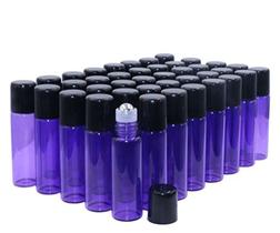 Frascos de rolo de vidro, 5ml (1/6oz) roxo 40 Pack Roll em frascos de vidro para aromaterapia de óleos essenciais, óleos de perfume, bálsamos labiais, criações de misturas DIY, com rolo de aço inoxidável Ball Black Lid-FREE Dropper