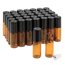 Frascos de rolo de vidro âmbar, 5ml (1/6oz) pacote de 35 rolo em frascos com bola de rolo de aço inoxidável e tampas pretas perfeitas para misturas de aromaterapia de óleo essencial / perfumes / bálsamos labiais - conta-gotas FREE incluído