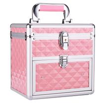 FRENESSA Makeup Box Makeup Train Case Nail Polish Cosméticos Storage Organzier Box para Maquiagem, Nail Tech e Artista com Espelho, Gaveta e Divisórias Manicure Organizer Travel Nail Kit Box - Rosa