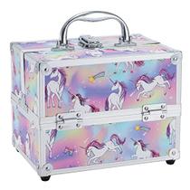 Frenessa Maquiagem Train Case Travel Maquiagem Box Cosméticos Organizador Case Unicórnio 4 Bandejas Joias Organizador de Armazenamento com Lockable para Meninas Ferramentas de Maquiagem, Cabeleireiro, Artesanato, Kits de Unhas Maquiagem Case Organizador