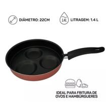 Frigideira 22cm C/ 3 Divisórias Ideal P/ Ovos Lanches Carnes Hamburg Antiaderente Sem tampa Cereja