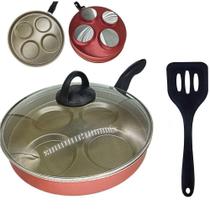 Frigideira 26 Cm 4 Ovos Hambúrguer Tampa De Vidro E Espátula Antiaderente