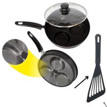 Frigideira 3 Ovos e Hamburguer 22 Cm Preta e Cereja Alumínio Antiaderente Tampa De Vidro