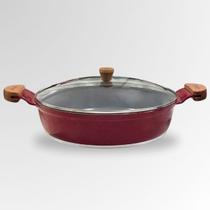 Frigideira 30cm 4,7L Cerâmico Alças Madeira com Tampa de Vidro - Cor: Vermelho Liso