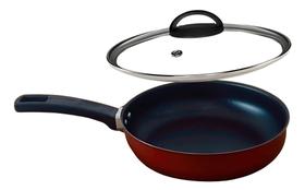 Frigideira Antiaderente 20 CM Aluminio Profissional com Tampa de Vidro vermelho e Preto