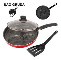 Frigideira Antiaderente Para 4 Ovos e Hamburguer Com Tampa de Vidro 26cm Gourmet Multiflon Vermelha