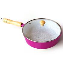 Frigideira Cerâmica Branca Antiaderente 22cm 1,7L Rosa Tampa De Vidro