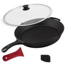 Frigideira de ferro fundido Cuisinel 15 com tampa de vidro pré-temperada