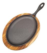 Frigideira Ferro Fundido Mix Grill Oval Com Base De Madeira