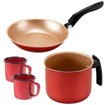 Frigideira Francesa Sem Tampa 20cm + Fervedor 12cm Antiaderente + 02 Canecas Esmaltadas 150ml