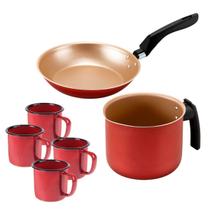 Frigideira Francesa Sem Tampa 20cm + Fervedor 12cm Antiaderente + 04 Canecas Esmaltadas 150ml