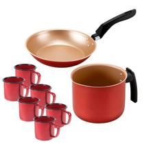 Frigideira Francesa Sem Tampa 20cm + Fervedor 12cm Antiaderente + 06 Canecas Esmaltadas 150ml