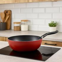 Frigideira Funda Wok Grande Alta Antiaderente Não Gruda 24cm 2,3l vermelha clara panela cheff utencilio cozinha moderna