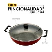 Frigideira Grande Anti Aderente Teflon Liga De Alumínio Wok Top 30cm com Tampa de Vidro e Alça Vermelho