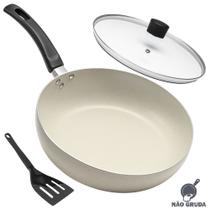 Frigideira Grande Funda Panela Wok Antiaderente Tampa de Vidro 28cm 4,3L Bege Multiflon