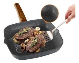 Frigideira Grill Antiaderente Indução Quadrada 24,4 cm Preta Para Carnes Legumes Gás Elétrico Vitrocerâmico Cozinha Moderna