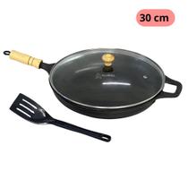 Frigideira Panela Antiaderente 30 cm Alumínio Fundido Batido Preto Cabo de madeira com espatula Frigideira Panela Antiaderente 30 cm Alumínio Fundido Batido Preto Cabo de madeira com espatula