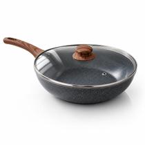 Frigideira Wok 28cm Nanocerâmica Antiaderente com Tampa Creme ou Preta para Fogão e Indução