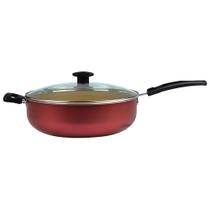 Frigideira Wok 30 cm Antiaderente Teflon E Tampa de Vidro 5.9 Litros Cereja