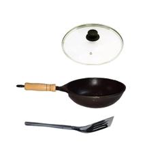 Frigideira Wok Antiaderente Cabo Tampa Vidro 20cm E Espátula Frigideira Wok Antiaderente Cabo Tampa Vidro 20cm E Espátula