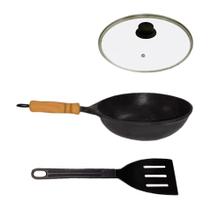 Frigideira Wok Antiaderente Cabo Tampa Vidro 20cm e Espátula