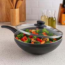 Frigideira Wok Antiaderente Com Tampa Vidro Cor Grafite 2,8L