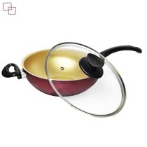 Frigideira Wok Antiaderente de Teflon com Tampa de Vidro 4,2 Litros Grande e Multifuncional