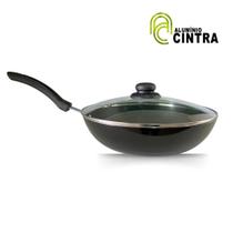 Frigideira wok funda grande teflon antiaderente paella yakisoba n30cm - com tampa de vidro - ALUMINIO CINTRA