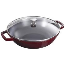 Frigideira wok staub redonda em ferro fundido vermelho com tampa de vidro 30cm 405114660
