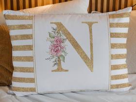 Fronha Capa de Travesseiro Alfabeto Listrado Dourado Premium Decorativo Micropercal 70x50 Iniciais do nome A a Z