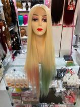 Front Lace Lacewig Peruca Premium Loira c/ pontas Rosa e Verde Lisa Longa 90cm aprox