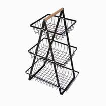 Fruteira 3 andares metal com alça madeira preta organizador multiuso bancada cozinha frutas legumes moderna resistente decorativa