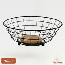 Fruteira Aramada Redonda Cesta De Mesa Decorativa Minimalista Ferro e Madeira para Cozinha Sala de Jantar