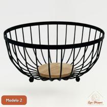 Fruteira Aramada Redonda Cesta De Mesa Decorativa Minimalista Ferro e Madeira para Cozinha Sala de Jantar