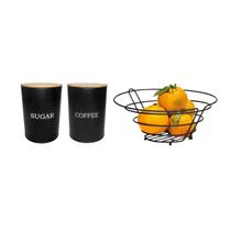 Fruteira Cesta e Pote Cafe Açucar Porta Mantimento Aço Bambu Fruteira Cesta e Pote Cafe Açucar Porta Mantimento Aço Bambu
