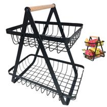 Fruteira Cesto Duplo Organizador Aramado Fruta Legumes Cozinha Mesa Bancada Escritorio Estante Armario Moderno Multiuso