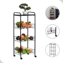Fruteira Chão 3 Cestos Andares Metal Rodinhas Cozinha Preta