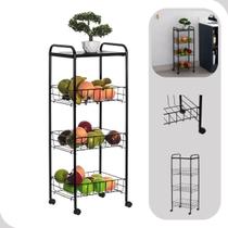 Fruteira Chão 3 Cestos Andares Metal Rodinhas Cozinha Preta