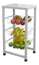 Fruteira Cozinha Aço Chão Cestos Triplos Retangular Branco