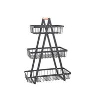 Fruteira de 3 Cestos de Metal Preta 49x40,5cm Com Pegador de Bambu