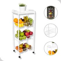 Fruteira De Chão 3 Cestos Andares Metal Rodinhas Cozinha Branca