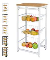 Fruteira de Chão Com 3 Cestos para Cozinha Tampo Madeira MDF Modelo Florença Suporte em Aço