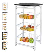 Fruteira de Chão Com 3 Cestos para Cozinha Tampo Madeira MDF Modelo Florença Suporte em Aço