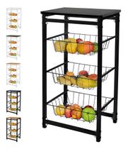 Fruteira de Chão Com 3 Cestos para Cozinha Tampo Madeira MDF Modelo Florença Suporte em Aço