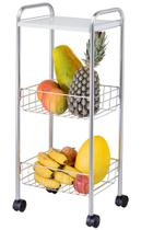 Fruteira de Chão com Rodas Dupla Cestos Cromado e Tampa de Madeira Organização Cozinha