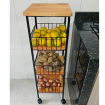 Fruteira de Chão com Rodinhas Ferro e Madeira Maciça 3 Andares