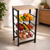 Fruteira De Chão Cozinha Com Tampo De Madeira 3 Gavetas